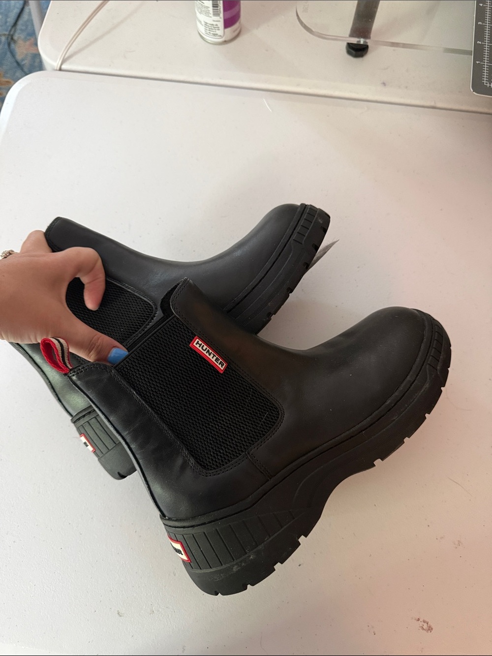Hunter Kids Black Chelsea Rain Boots with Red Logo Accents